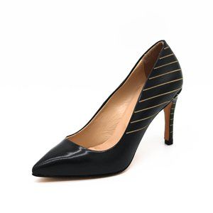 Black Patent Leather Pumps Cream Stripes Heels